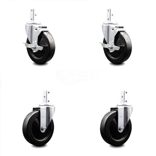 5 Inch Soft Rubber Wheel Swivel 3/4 Inch Square Stem Caster Brakes SCC, 2PK